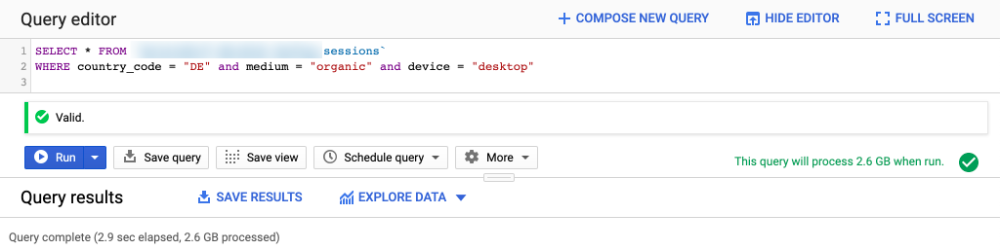 BigQuery-Interface mit Abfrage ohne Clustering