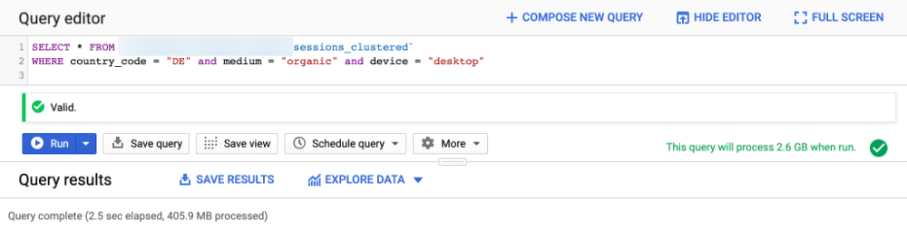 BigQuery-Interface mit Abfrage mit Clustering