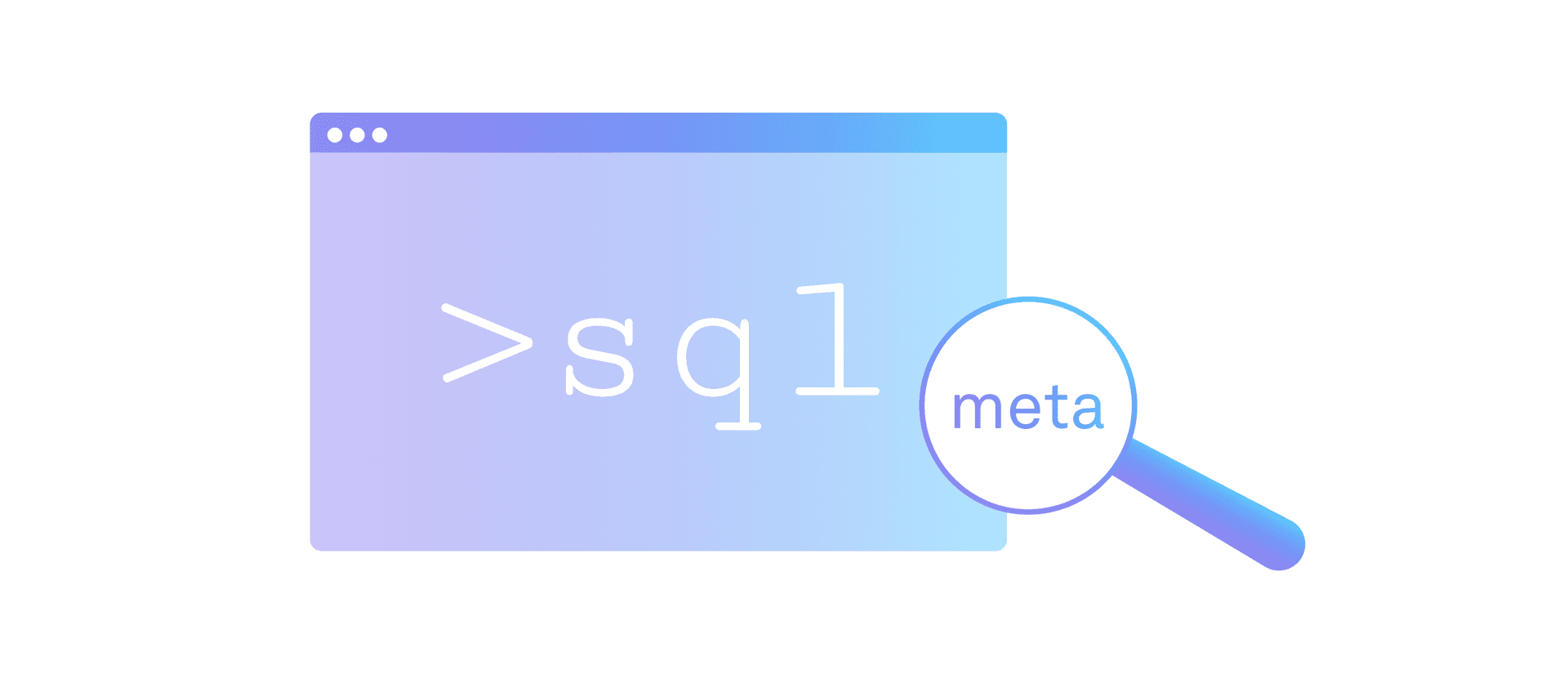 Illustration eines Browserfensters, in dem >sql steht. Über dem Browserfenster schwebt eine Lupe, in der meta steht.
